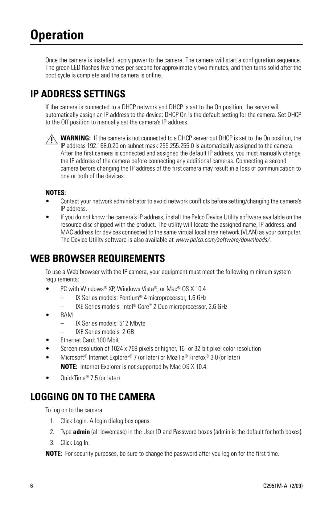 Pelco IXE quick start Operation, IP Address Settings, WEB Browser Requirements, Logging on to the Camera 