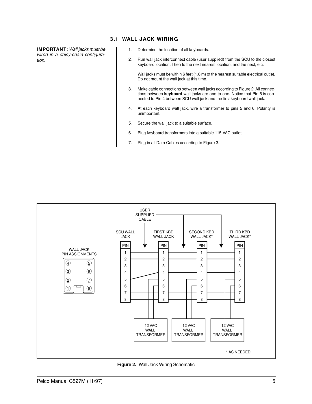 Pelco Kbd300 operation manual Wall Jack Wiring, Determine the location of all keyboards 