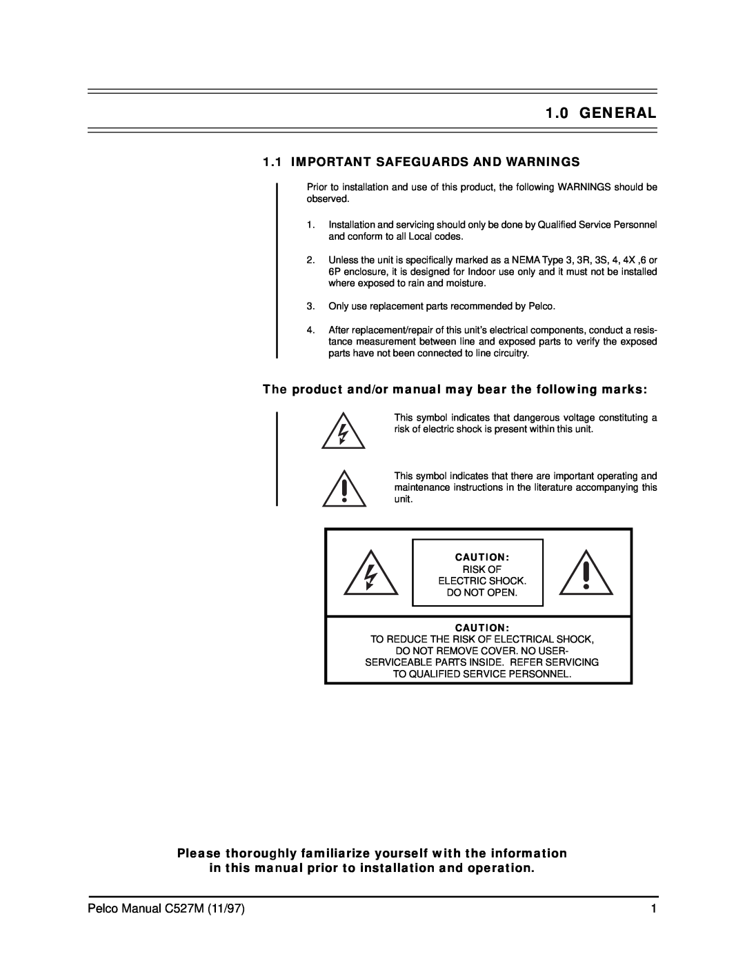 Pelco Kbd300 operation manual General, Important Safeguards And Warnings, Pelco Manual C527M 11/97 