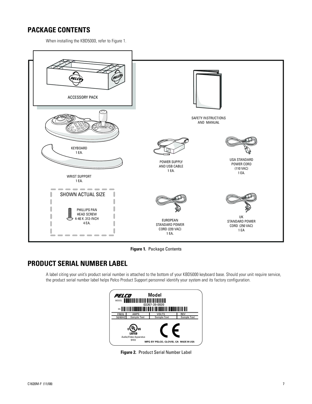 Pelco KBD5000 manual Package Contents, Product Serial Number Label 