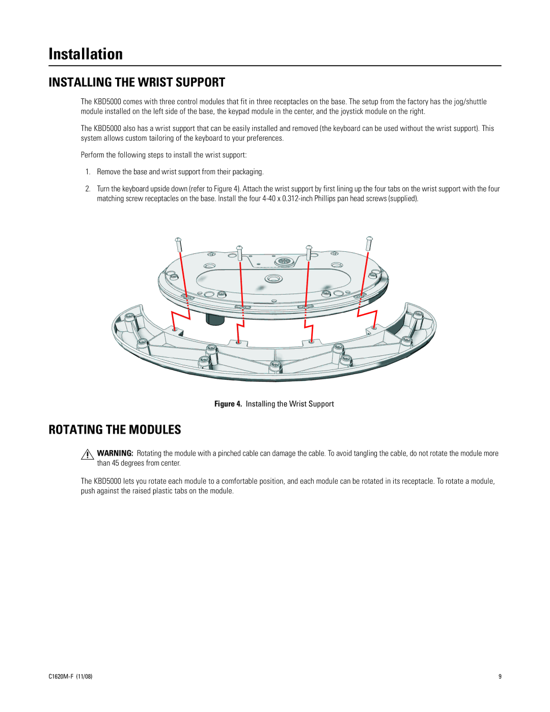 Pelco KBD5000 manual Installation, Installing the Wrist Support, Rotating the Modules 