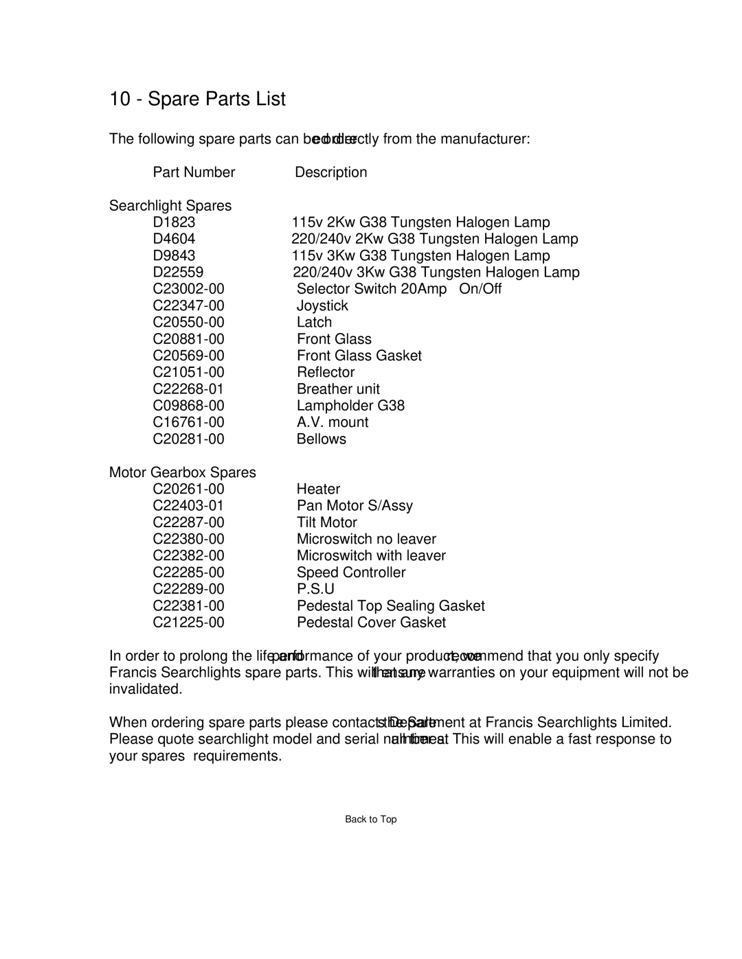 Pelco L560 installation manual Part Number Description 