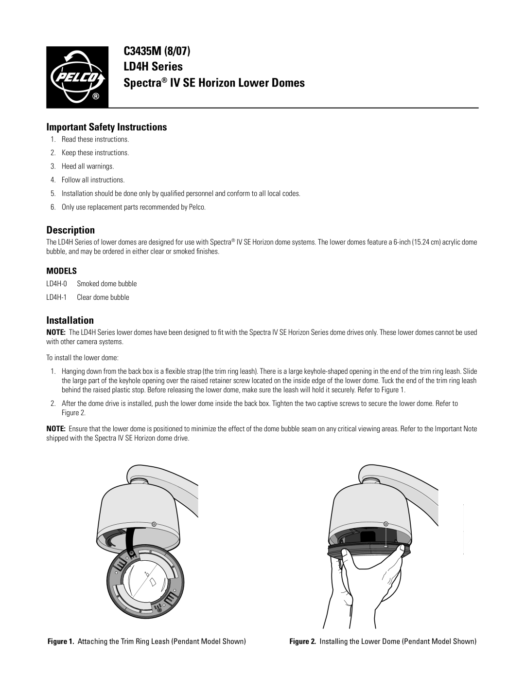 Pelco LD4H-1 important safety instructions Important Safety Instructions, Description, Installation 