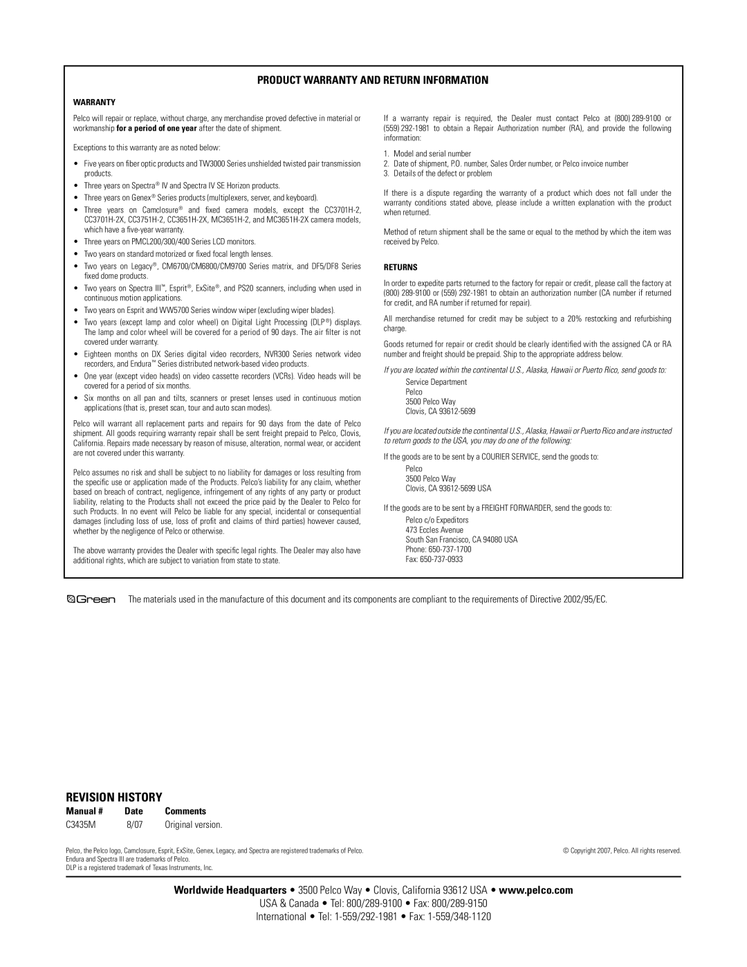 Pelco LD4H-1 important safety instructions Warranty, Returns 