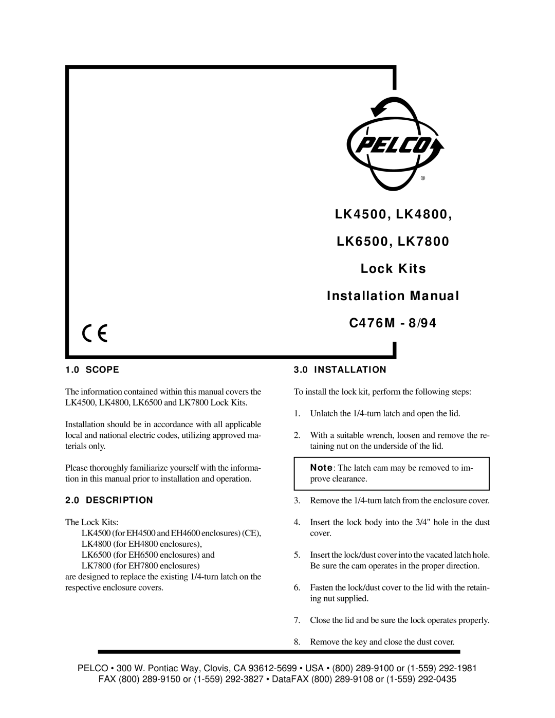 Pelco installation manual LK4500, LK4800, LK6500, LK7800, Lock Kits, Installation Manual, C476M 8/94 