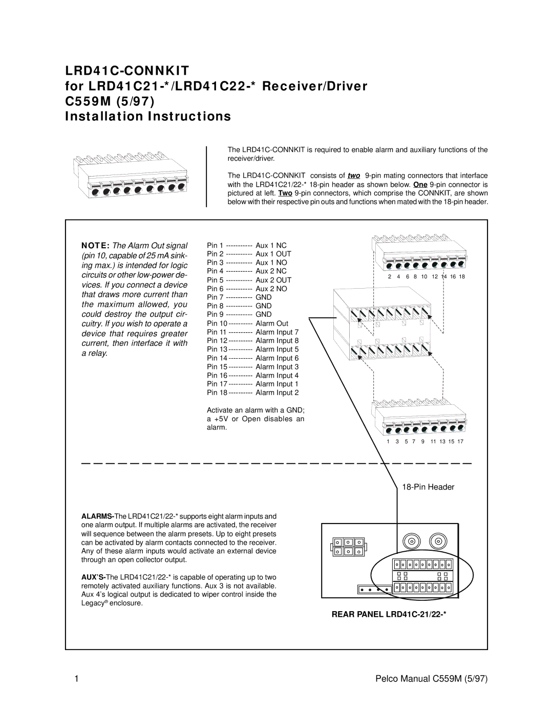 Pelco LRD41C22 installation instructions LRD41C-CONNKIT, Pin Header 