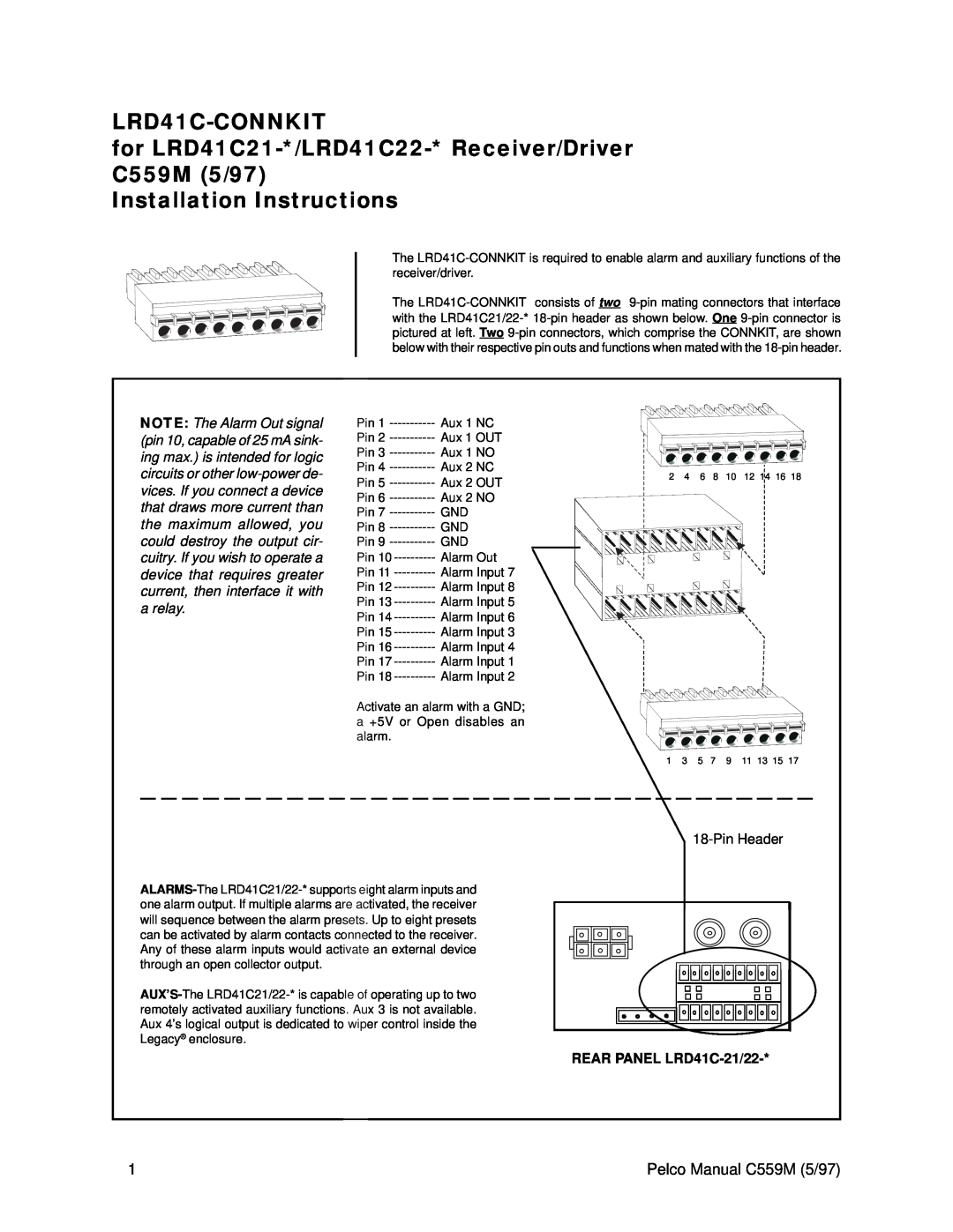 Pelco LRD41C22 installation instructions Pelco Manual C559M 5/97, LRD41C-CONNKIT, Installation Instructions, PinHeader 