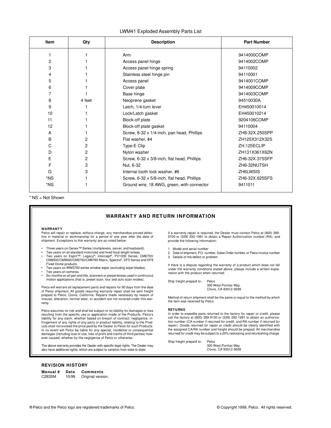 Pelco LWM41 manual Warranty and Return Information, Returns 