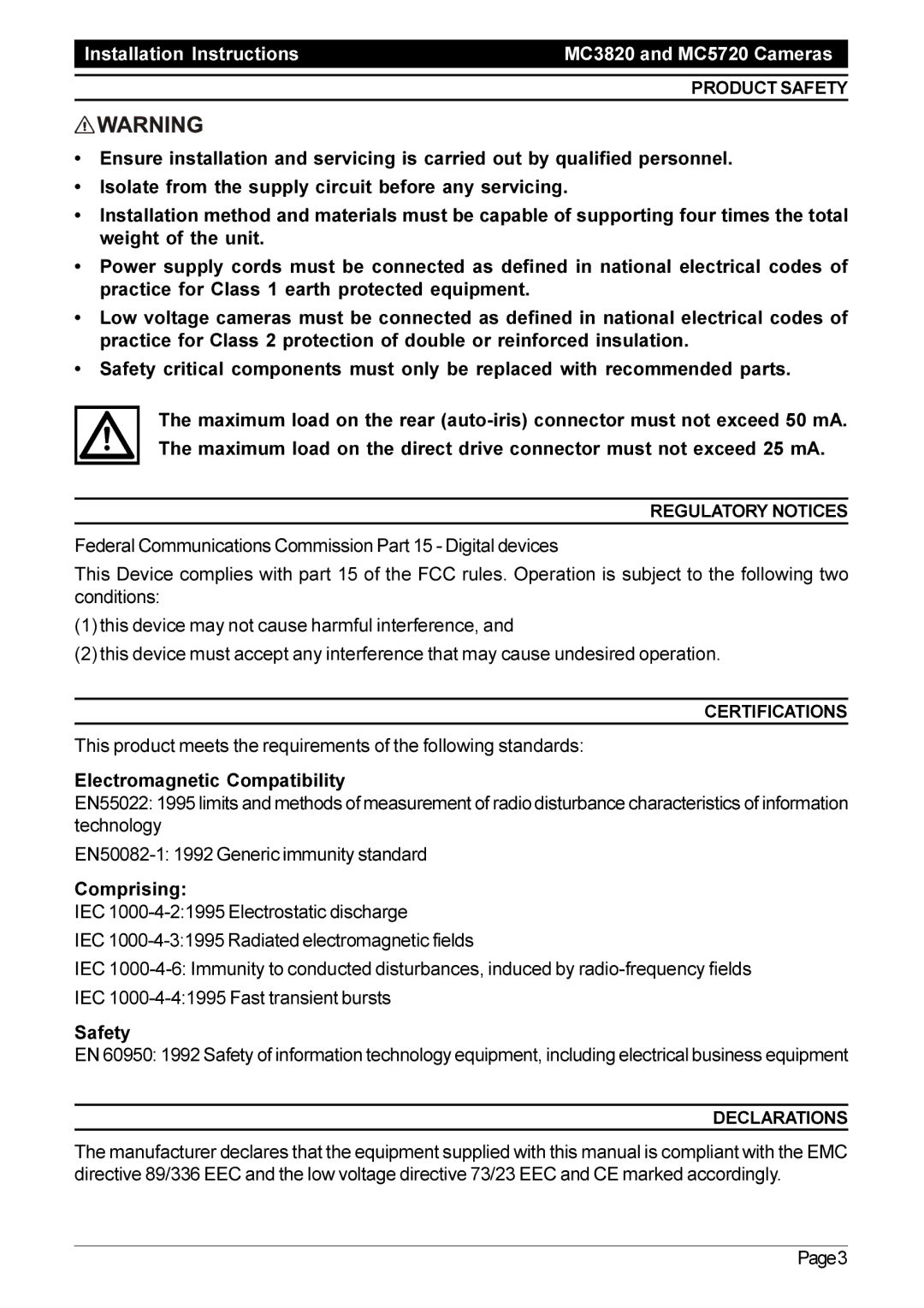 Pelco MC5720 operation manual Product Safety, Regulatory Notices, Certifications, Declarations 