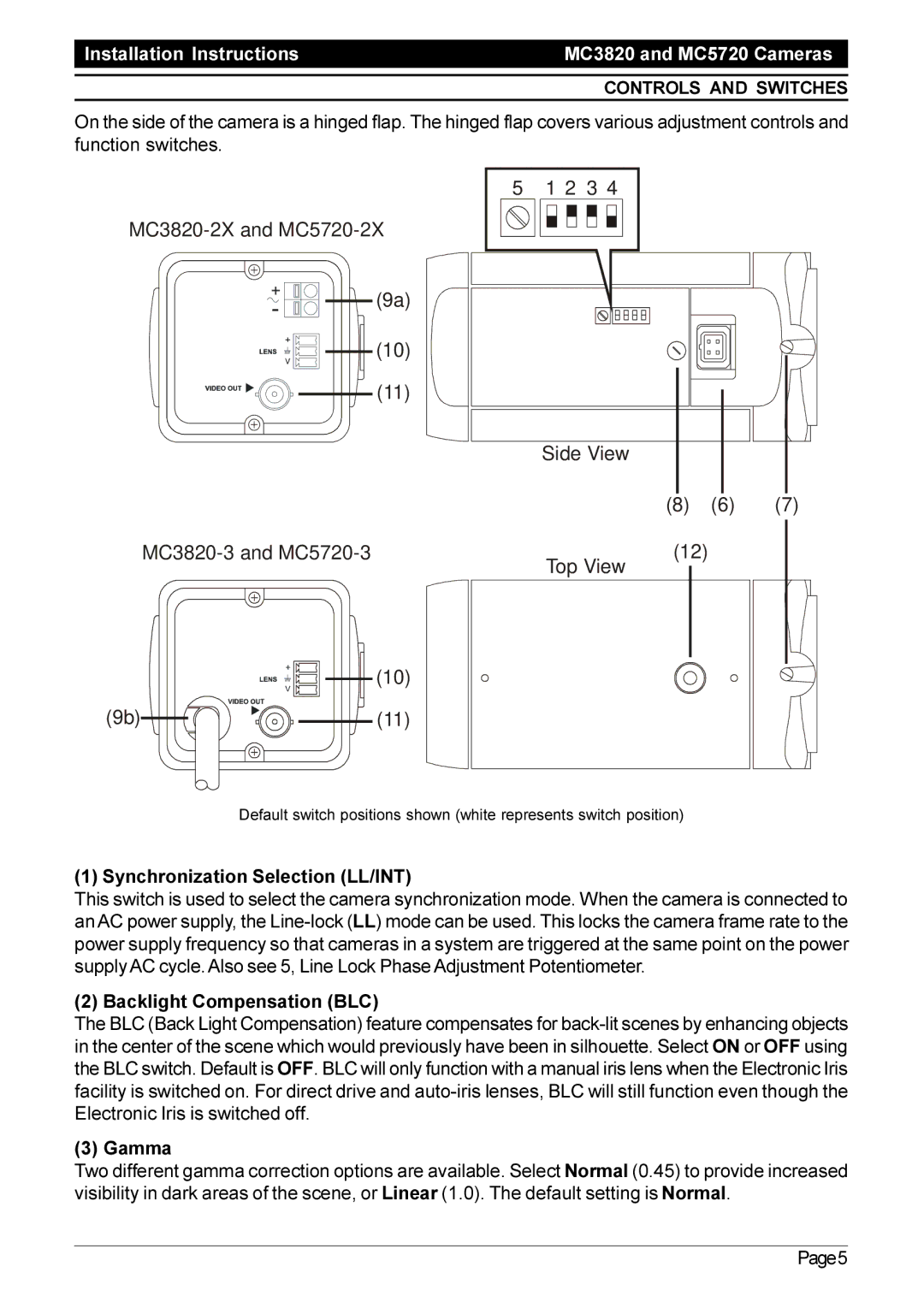 Pelco MC5720 operation manual Controls and Switches, Synchronization Selection LL/INT, Backlight Compensation BLC, Gamma 