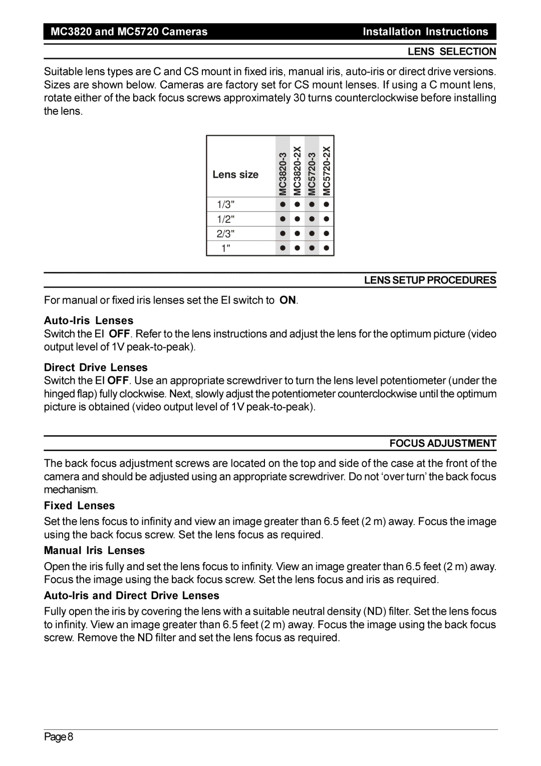 Pelco MC5720 operation manual Lens Selection, Lens Setup Procedures, Focus Adjustment 