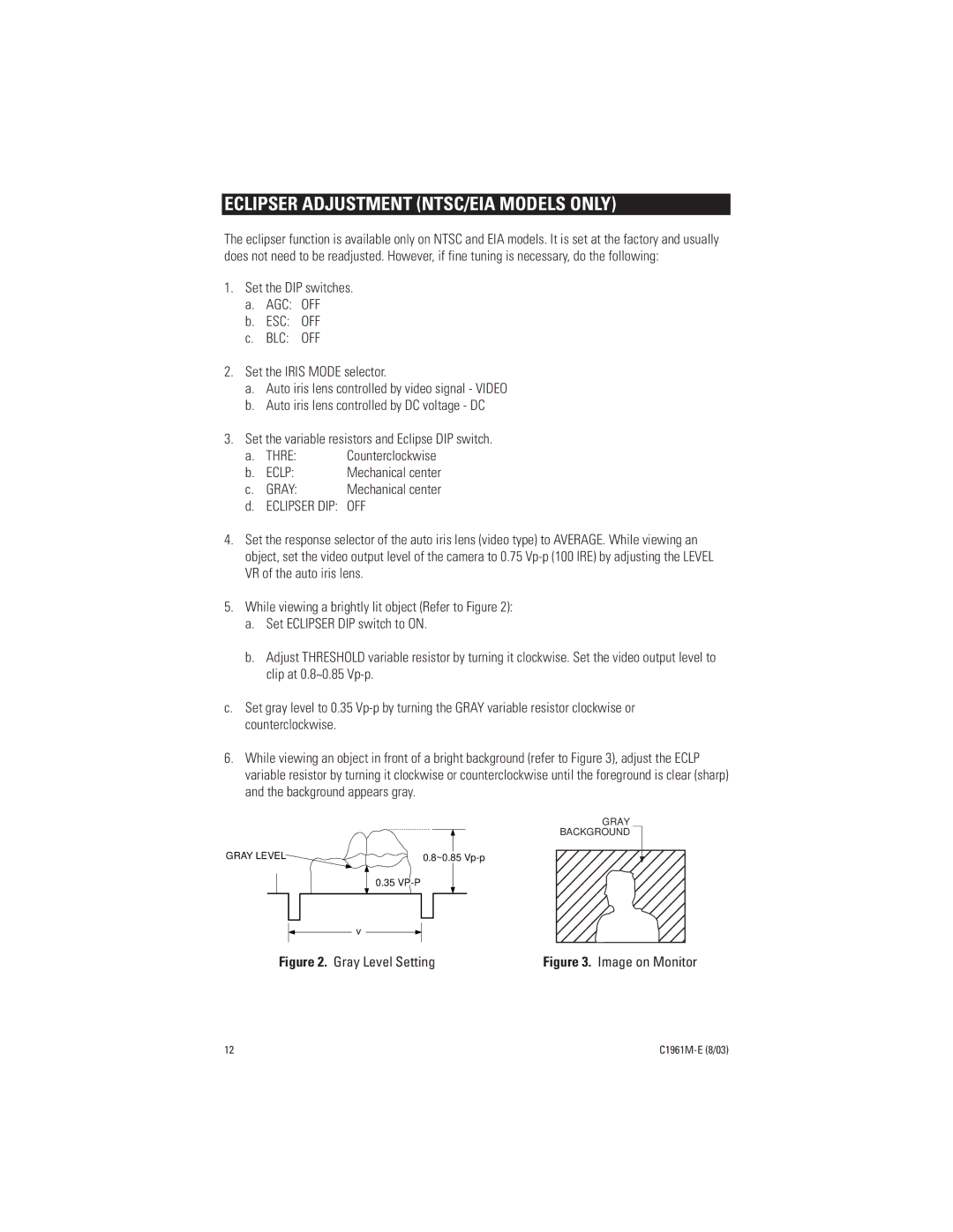Pelco MCC1370H-2, CCC1370H-2X manual Eclipser Adjustment NTSC/EIA Models only, Gray 