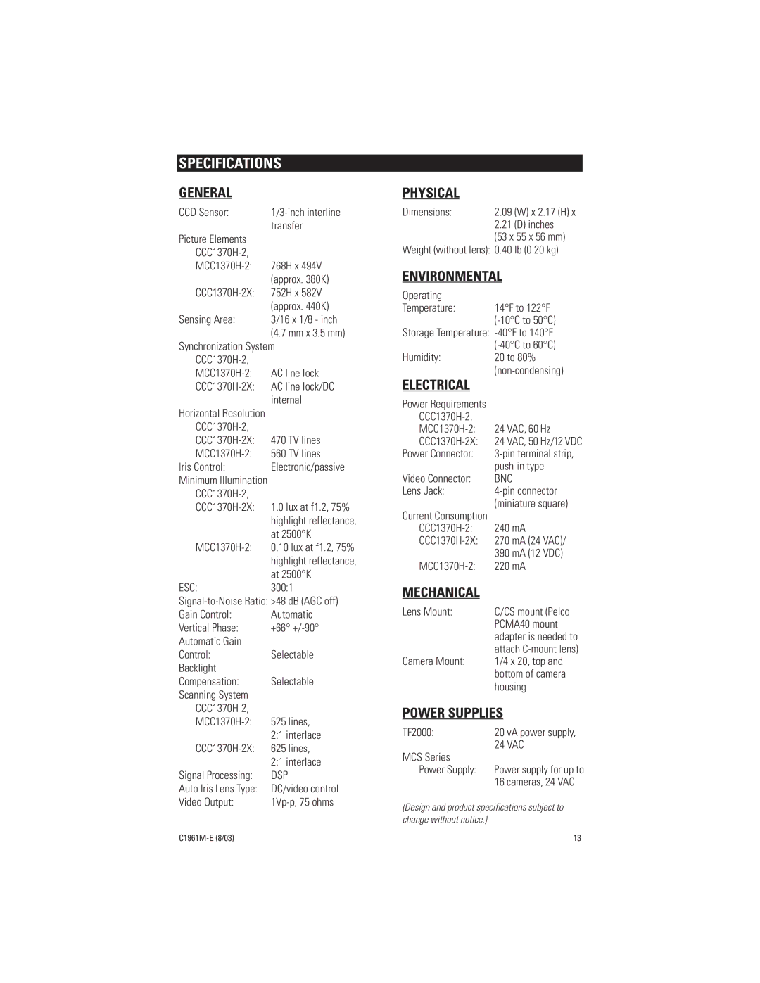 Pelco CCC1370H-2X, MCC1370H-2 manual Specifications 