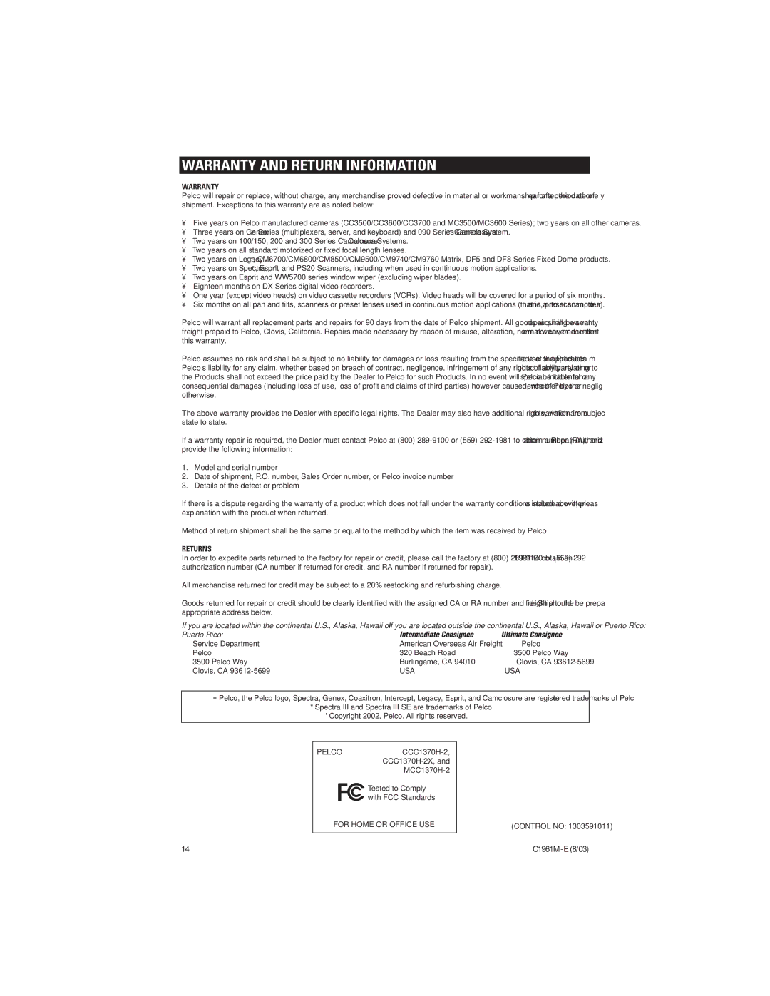 Pelco MCC1370H-2, CCC1370H-2X manual Warranty and Return Information 