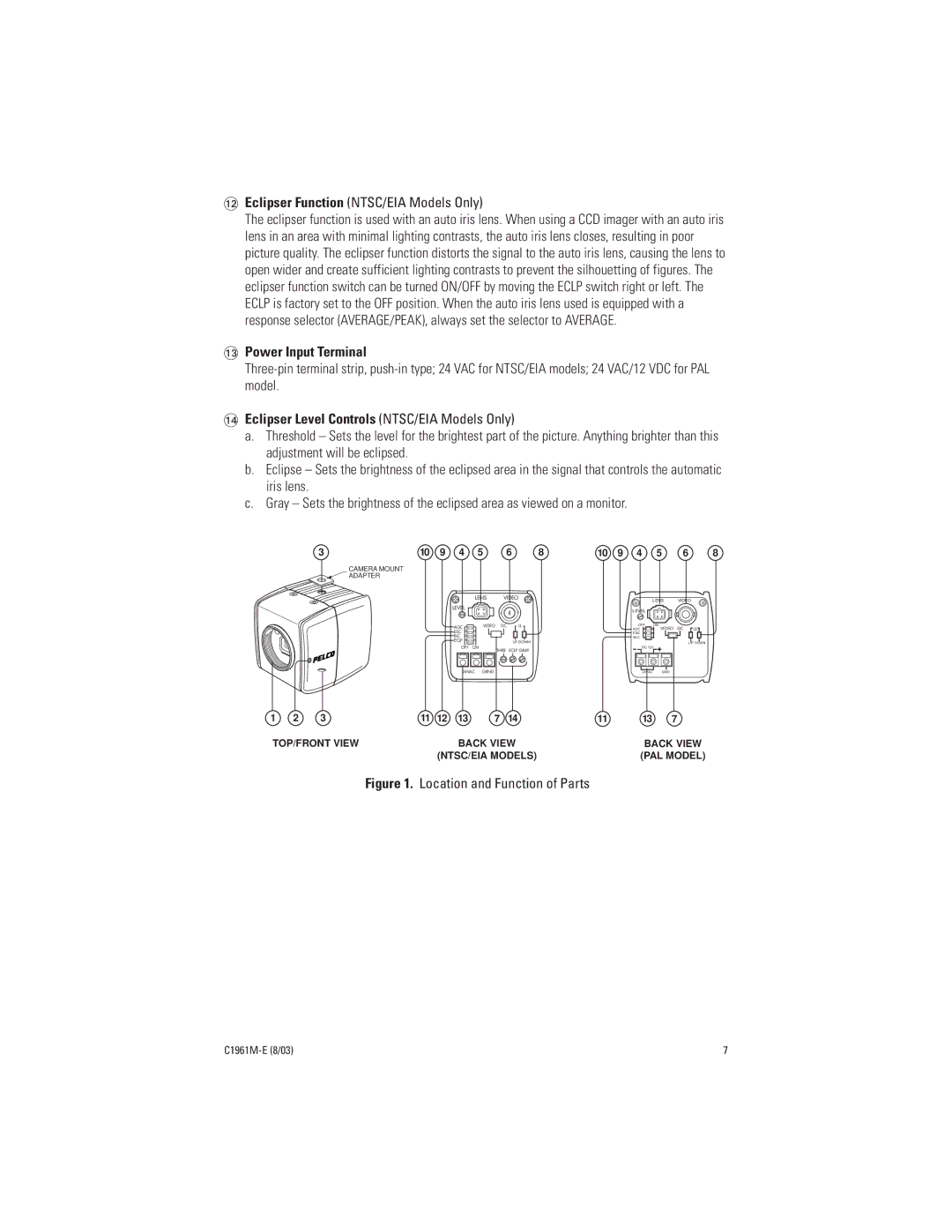 Pelco CCC1370H-2X, MCC1370H-2 manual Power Input Terminal, Eclipser Level Controls NTSC/EIA Models Only 