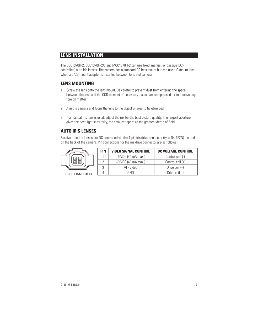 Pelco CCC1370H-2X, MCC1370H-2 manual Lens Installation, Lens Mounting, Auto Iris Lenses 