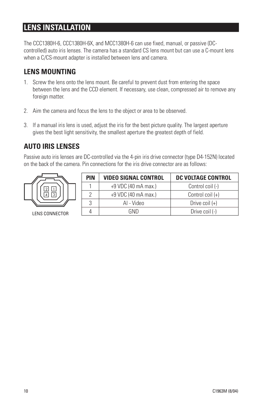 Pelco MCC1380H-6, CCC1380H-6X manual Lens Installation, Lens Mounting, Auto Iris Lenses 