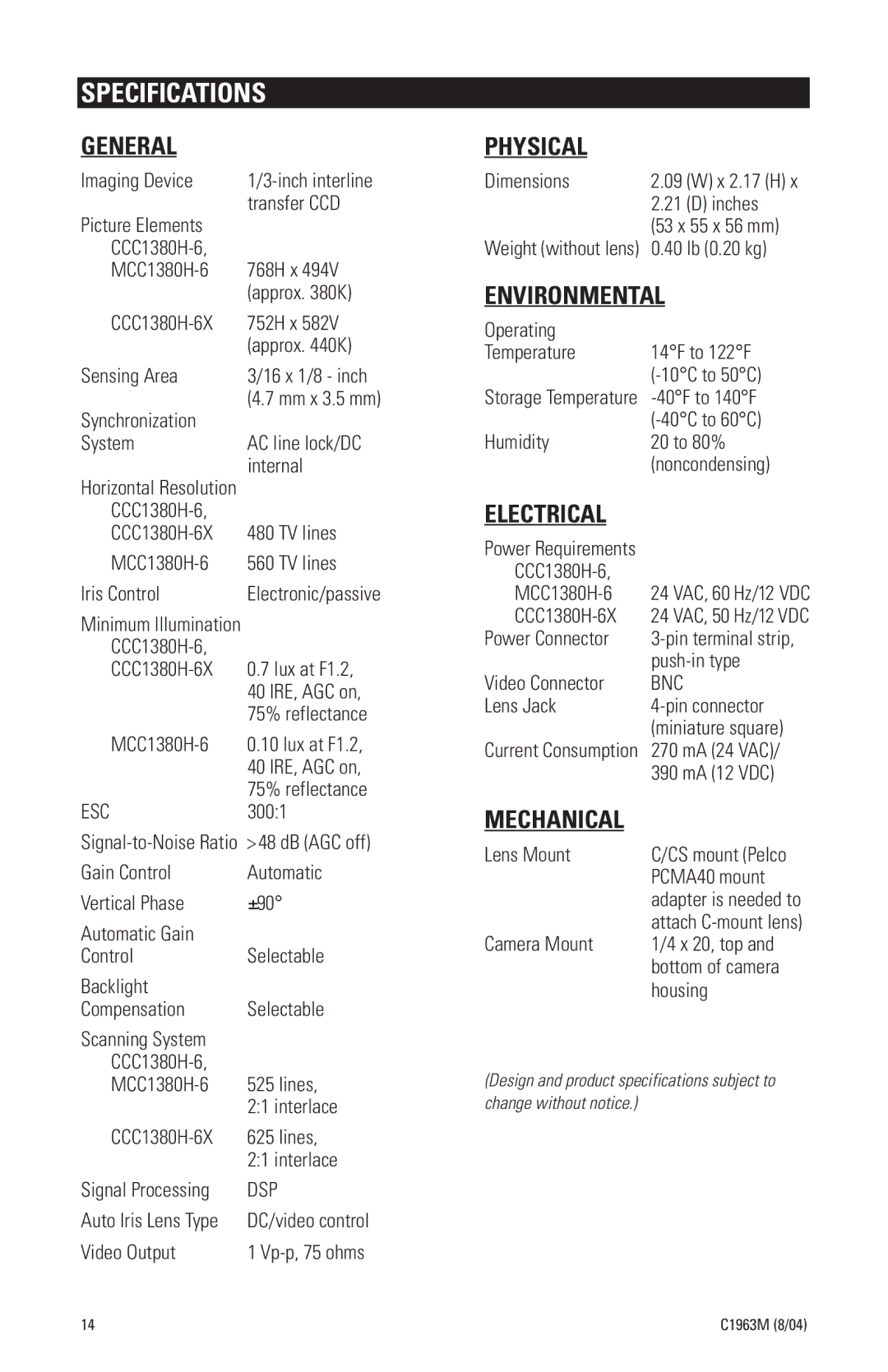 Pelco MCC1380H-6, CCC1380H-6X manual Specifications 