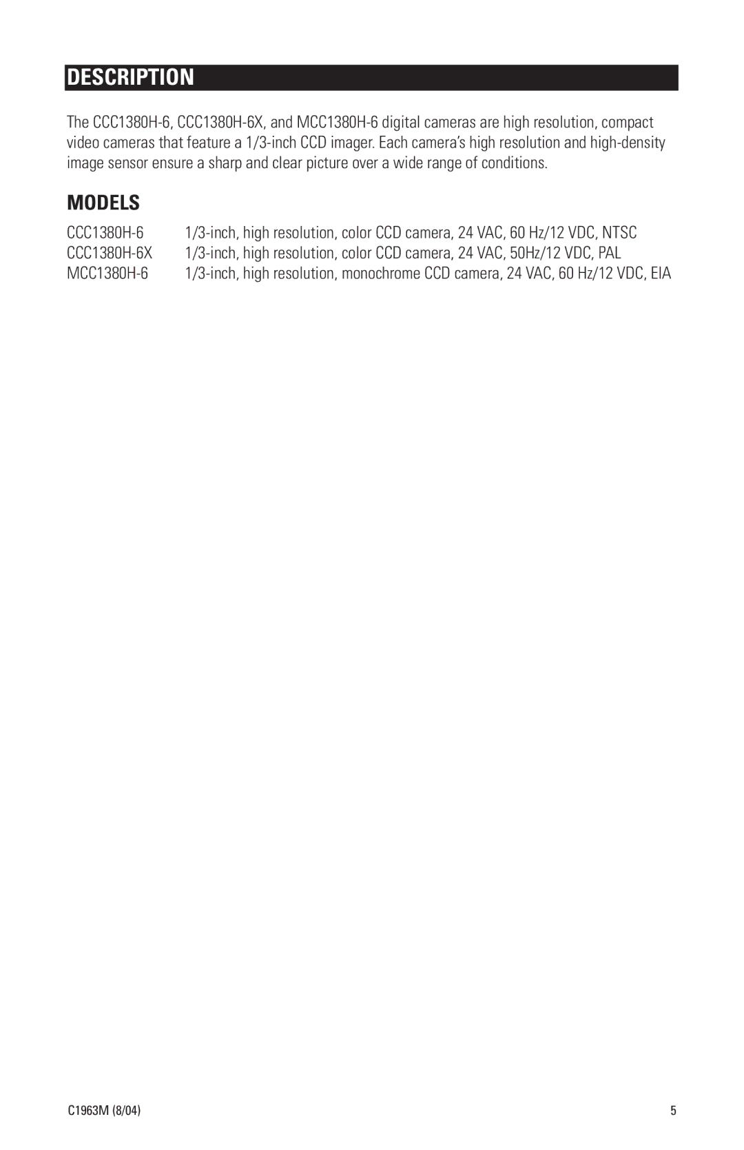 Pelco CCC1380H-6X, MCC1380H-6 manual Description, Models 