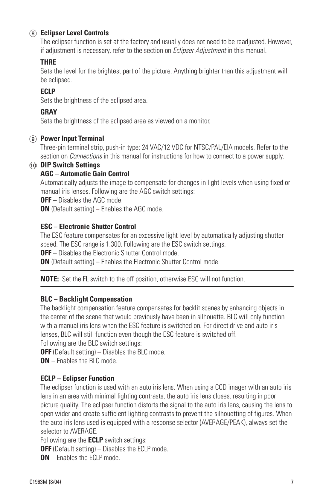 Pelco CCC1380H-6X manual Eclipser Level Controls, Power Input Terminal, DIP Switch Settings AGC Automatic Gain Control 