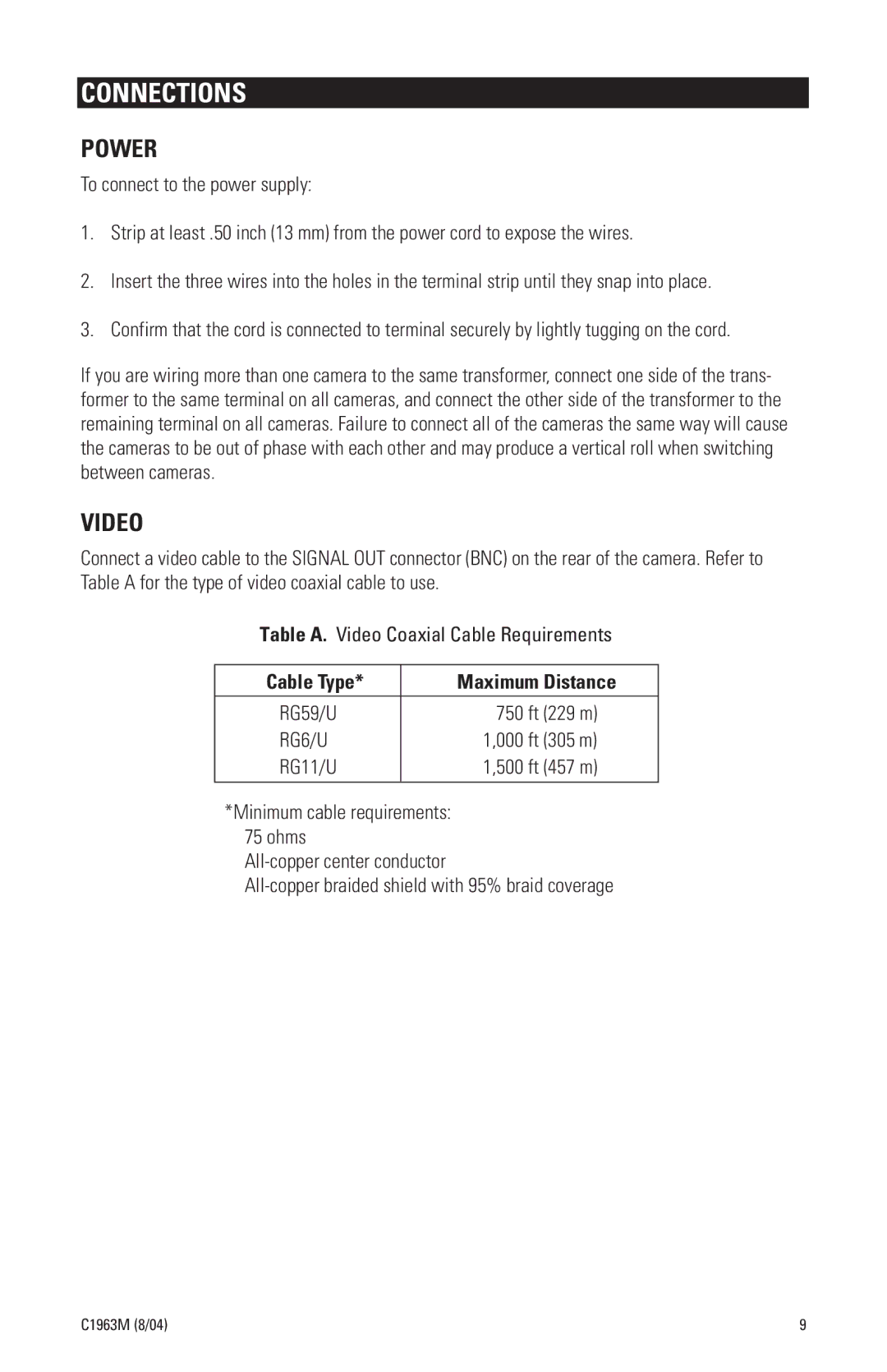 Pelco CCC1380H-6X, MCC1380H-6 manual Connections, Power, Video, Cable Type Maximum Distance 