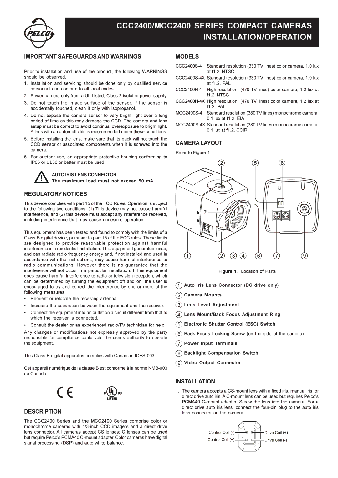 Pelco MCC2400 manual Important Safeguards and Warnings, Regulatory Notices, Models, Camera Layout, Description 