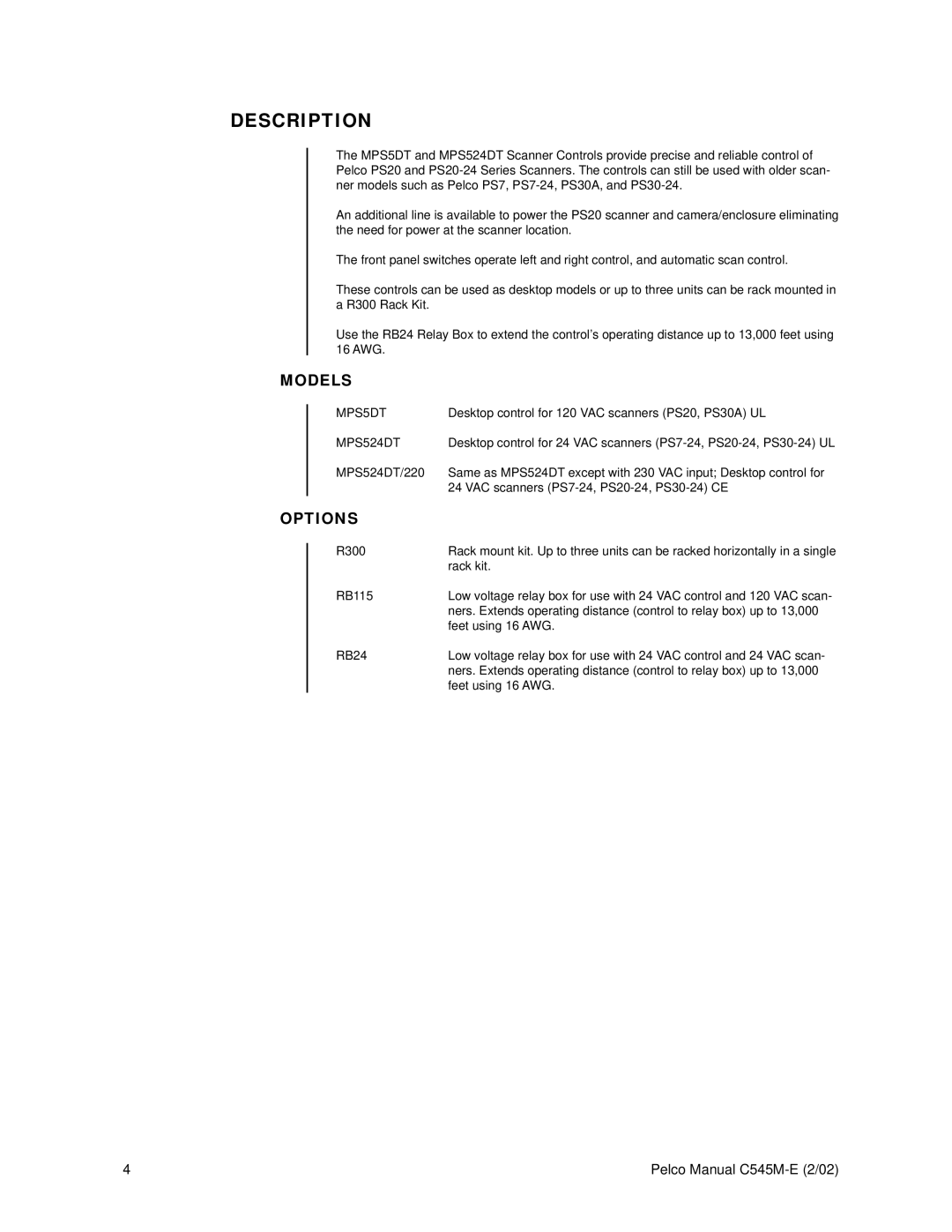 Pelco MPS524DT/220 operation manual Description, Models, Options, MPS5DT 