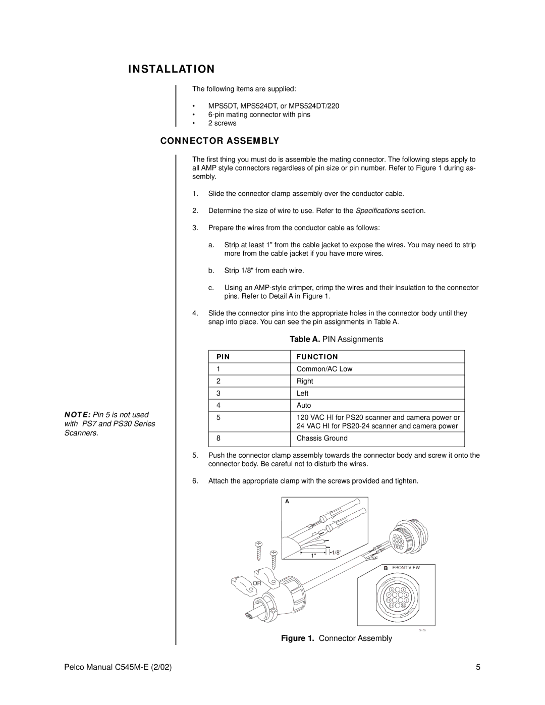 Pelco MPS524DT/220 operation manual Installation, Connector Assembly, PIN Function 