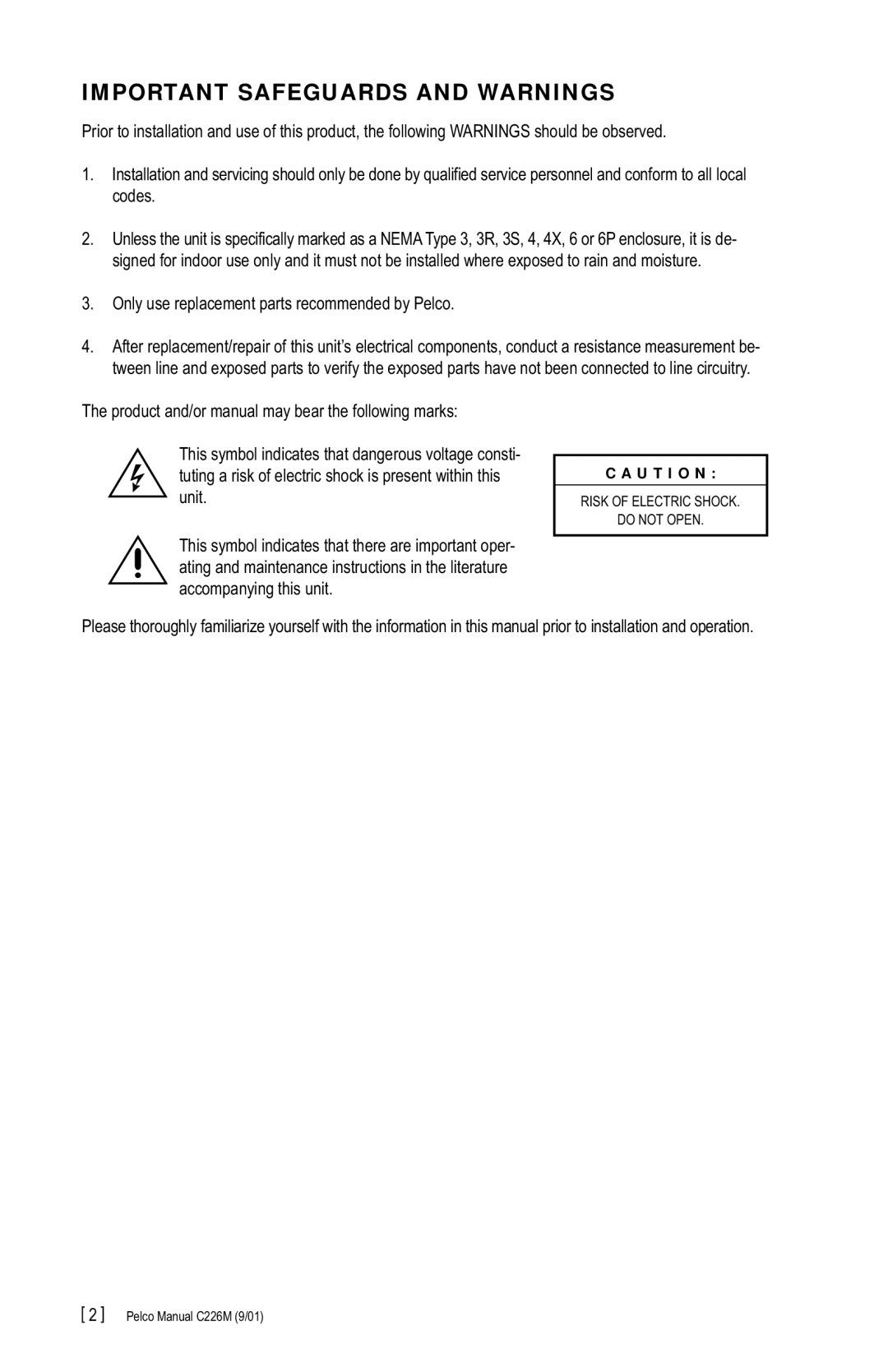 Pelco MR5000, C226M manual Important Safeguards and Warnings, Only use replacement parts recommended by Pelco 