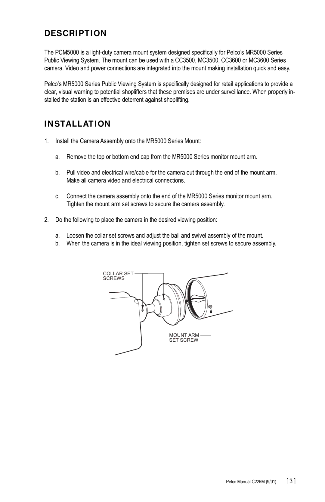 Pelco C226M, MR5000 manual Description, Installation 
