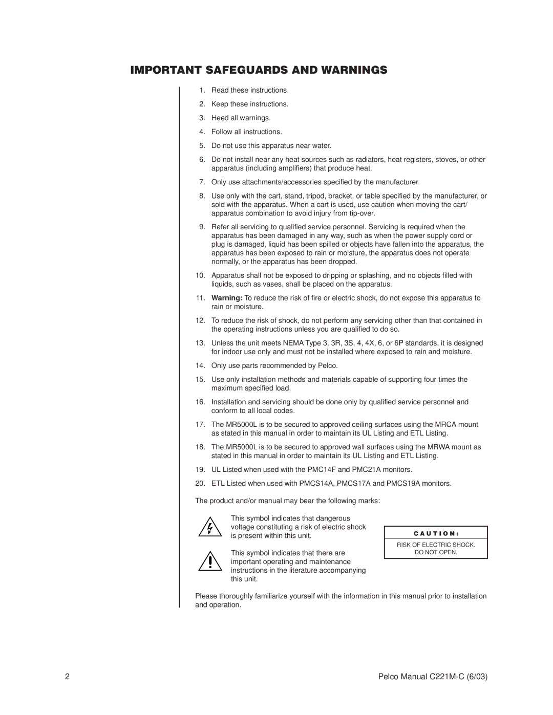 Pelco MR5000L operation manual Important Safeguards and Warnings 