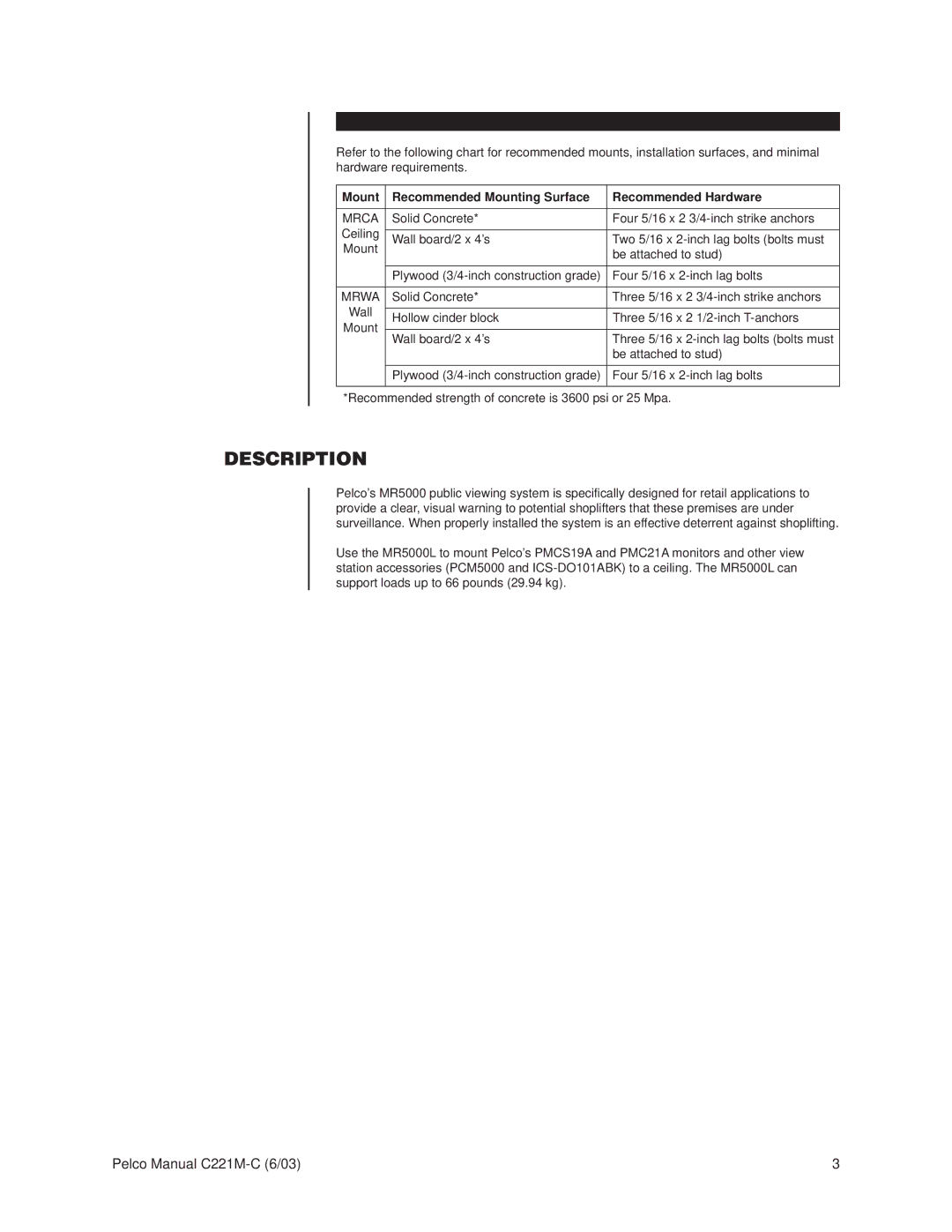 Pelco MR5000L operation manual Description, Mount Recommended Mounting Surface Recommended Hardware, Mrca, Mrwa 