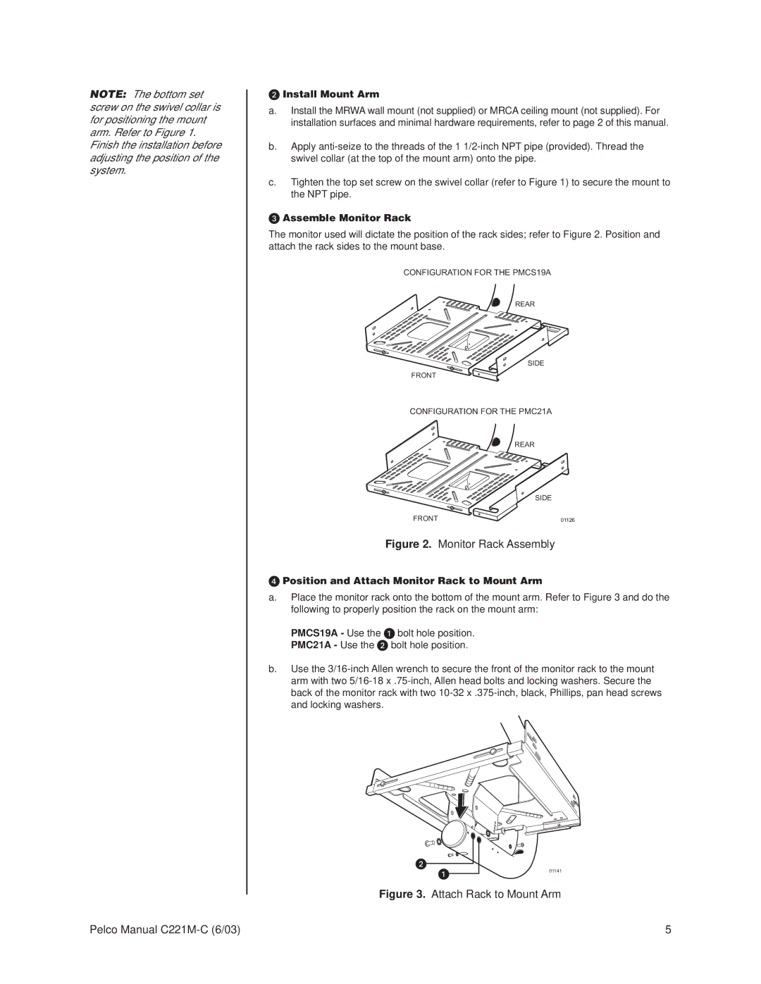 Pelco MR5000L operation manual Install Mount Arm, Assemble Monitor Rack, Position and Attach Monitor Rack to Mount Arm 