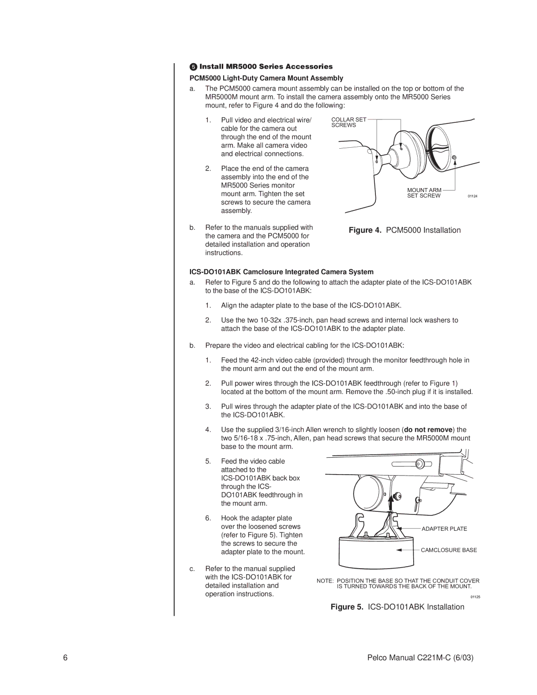 Pelco MR5000L operation manual PCM5000 Installation, ICS-DO101ABK Camclosure Integrated Camera System 