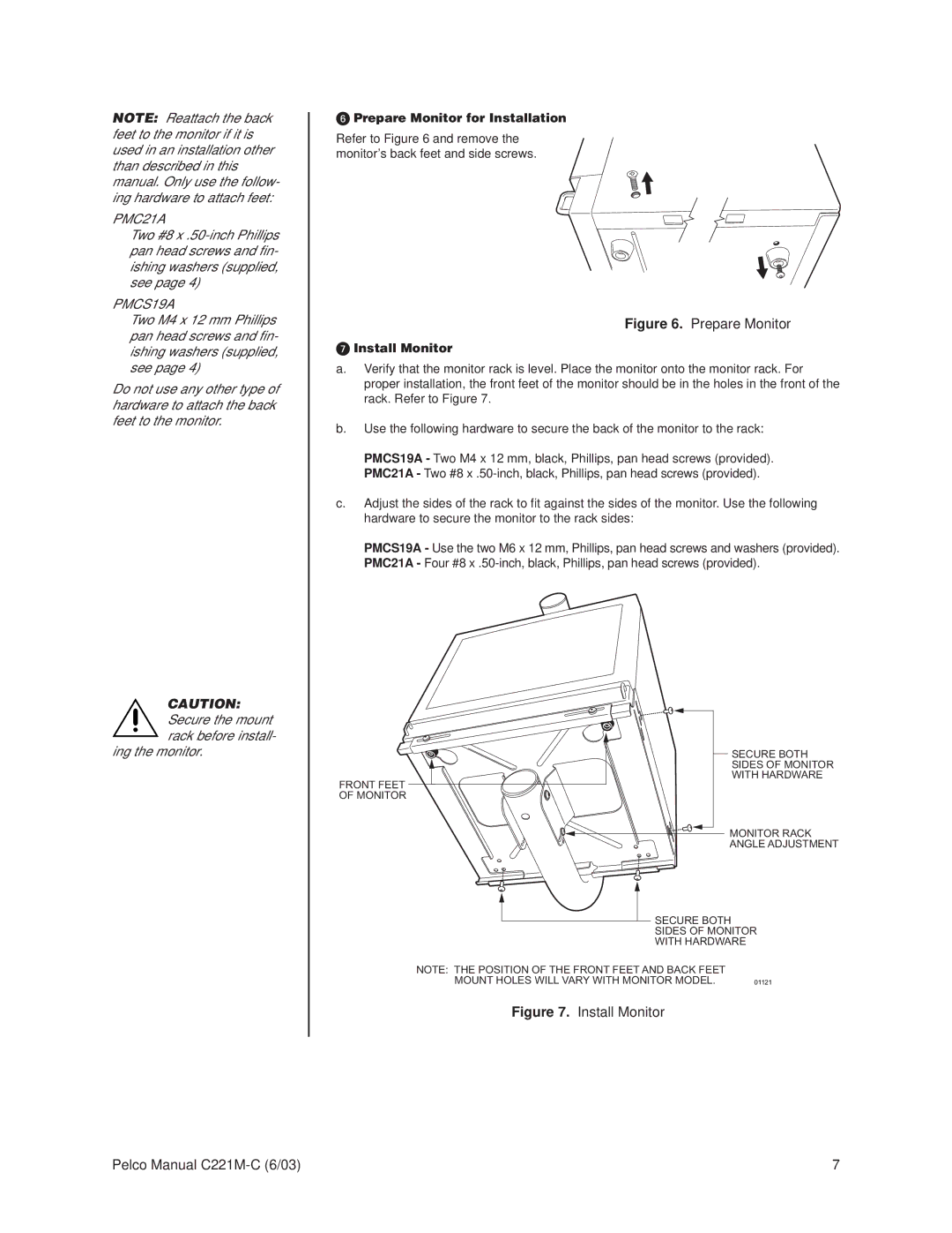 Pelco MR5000L operation manual Prepare Monitor for Installation, Install Monitor 