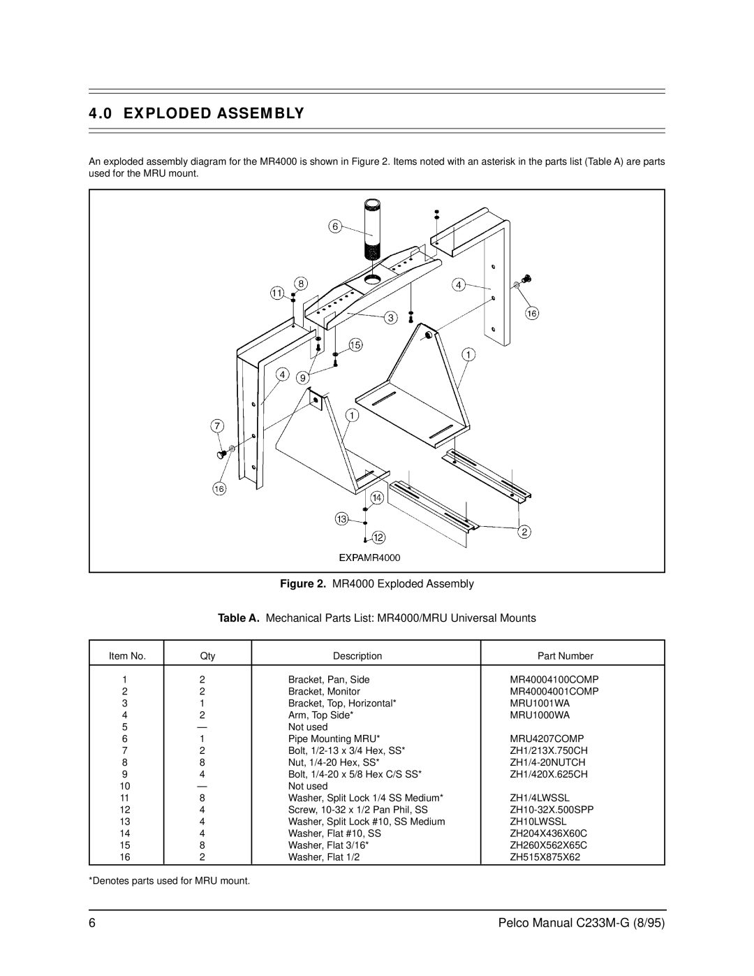 Pelco MRU operation manual Exploded Assembly, ZH10LWSSL 