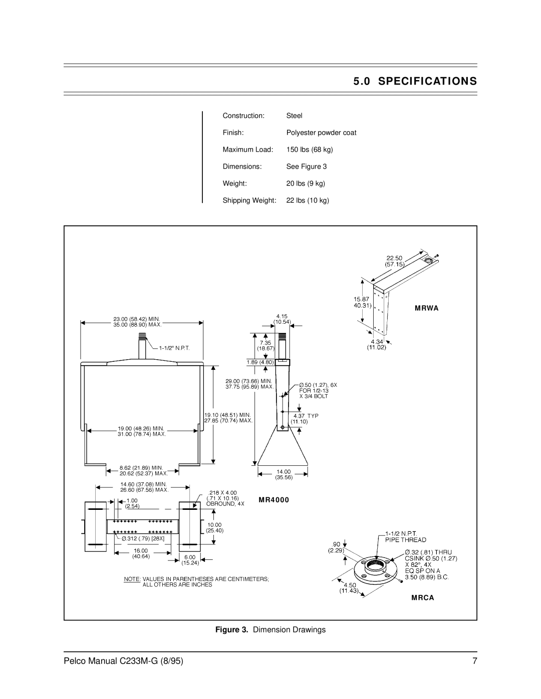 Pelco MRU operation manual Specifications, Dimension Drawings 