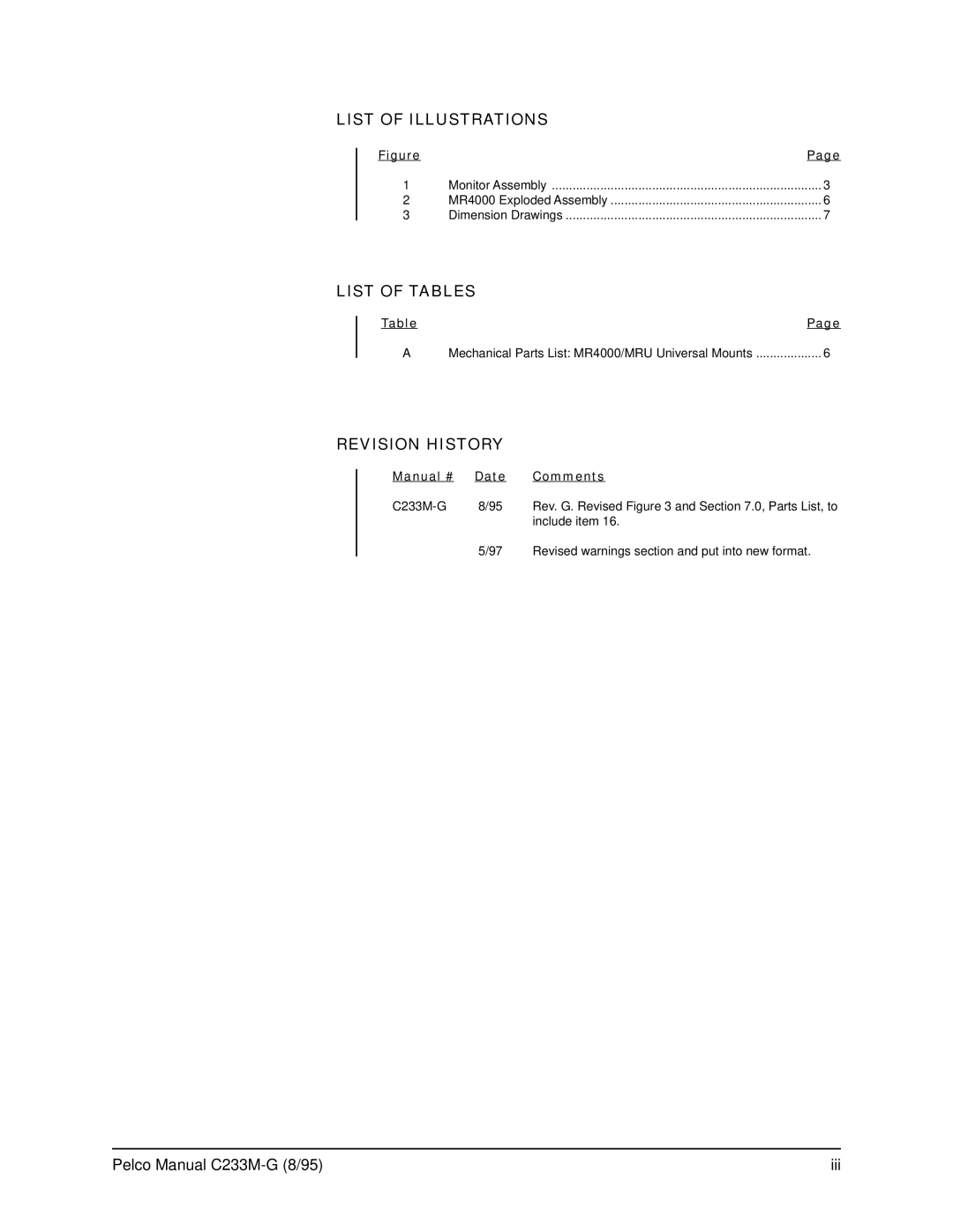 Pelco MRU operation manual List of Illustrations, List of Tables, Revision History 