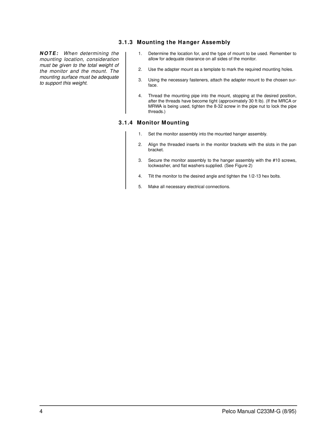 Pelco MRU operation manual Mounting the Hanger Assembly, Monitor Mounting 