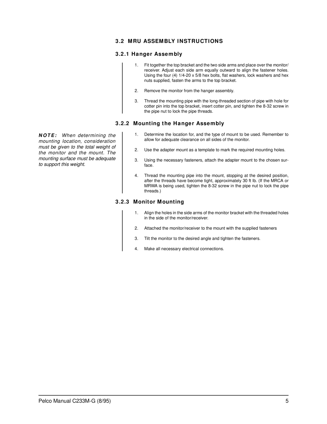 Pelco operation manual MRU Assembly Instructions, Hanger Assembly 