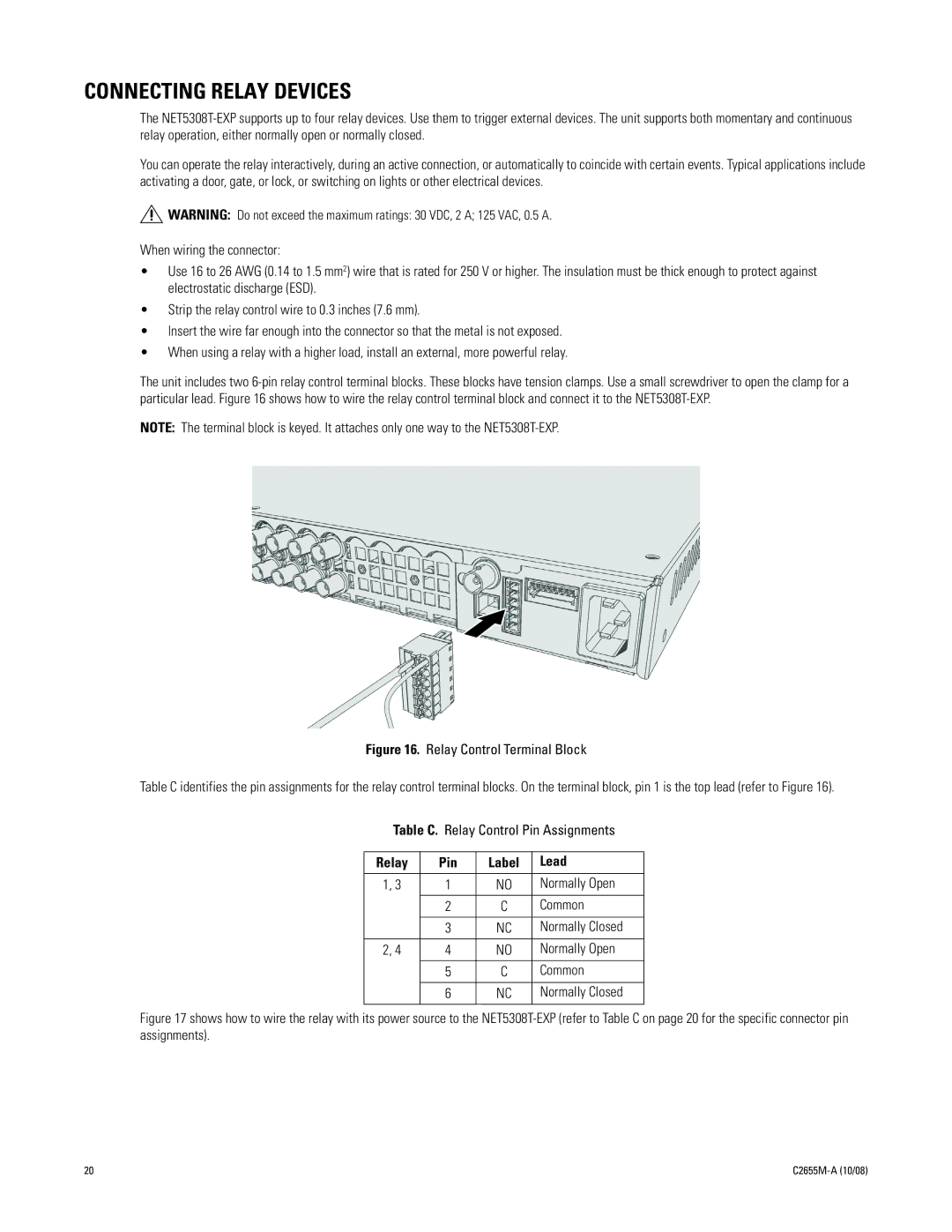 Pelco NET5308T-EXP manual Connecting Relay Devices, Relay Pin Label Lead 