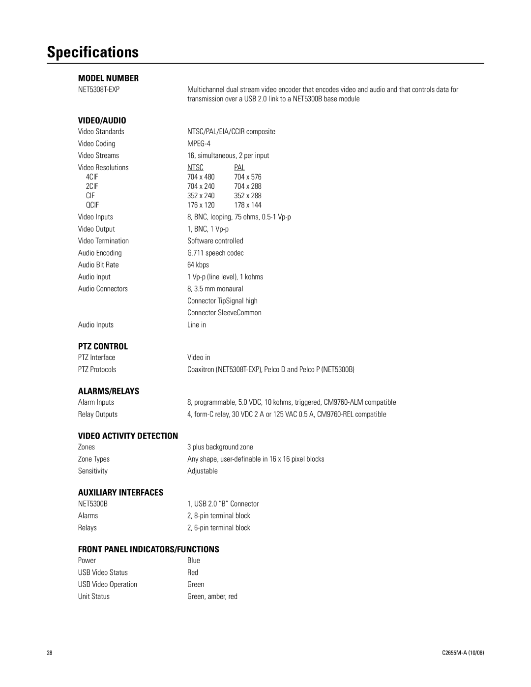 Pelco NET5308T-EXP manual Specifications, Model Number 