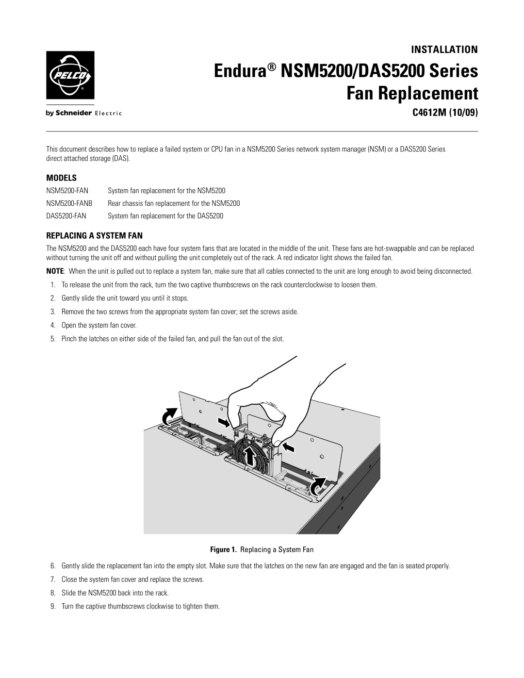 Pelco DAS5200-FAN manual Endura NSM5200/DAS5200 Series Fan Replacement, C4612M 10/09, Models, Replacing a System FAN 