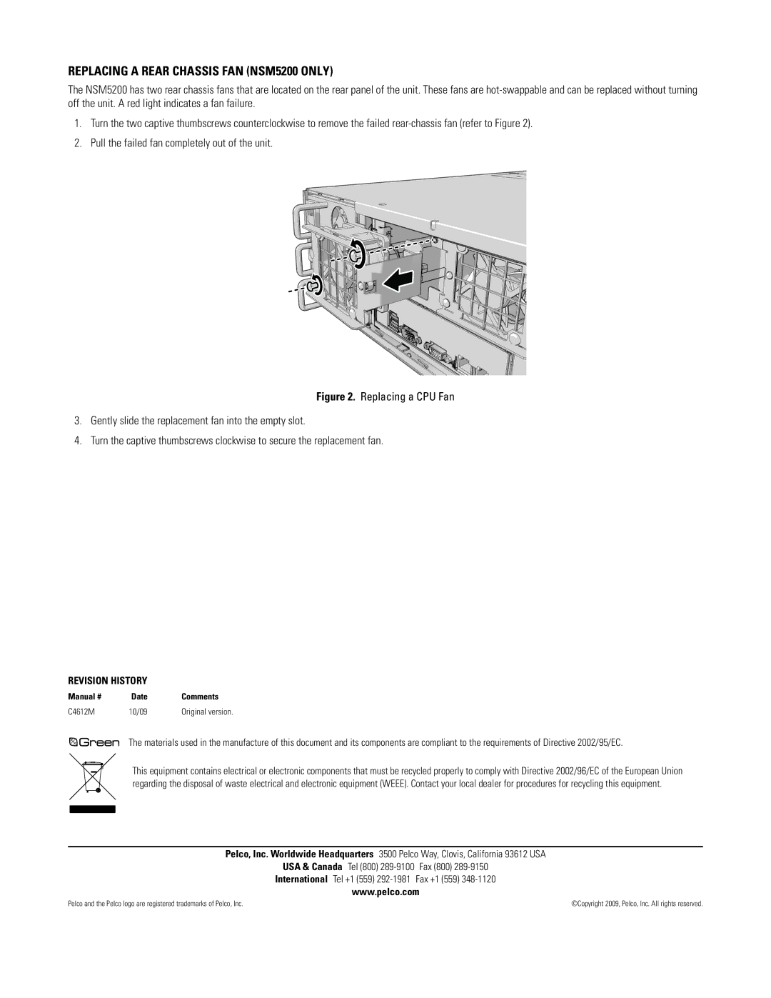 Pelco NSM5200-FANB, DAS5200-FAN manual Replacing a Rear Chassis FAN NSM5200 only, Revision History, Manual # Date Comments 