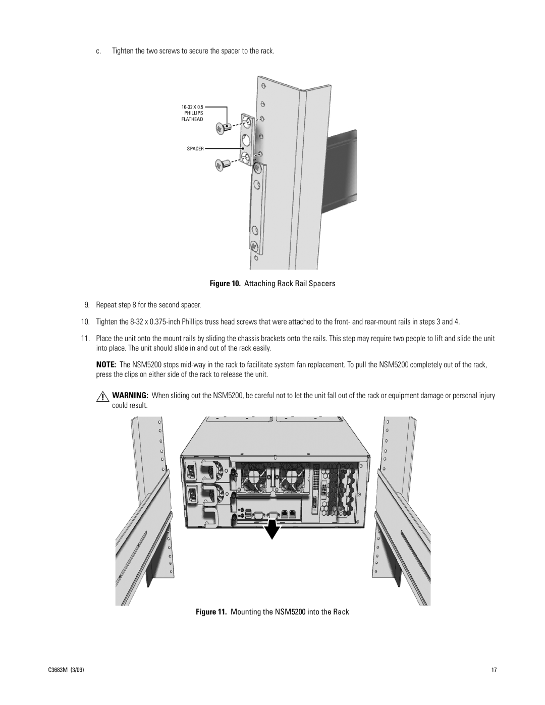 Pelco NSM5200 manual Tighten the two screws to secure the spacer to the rack 