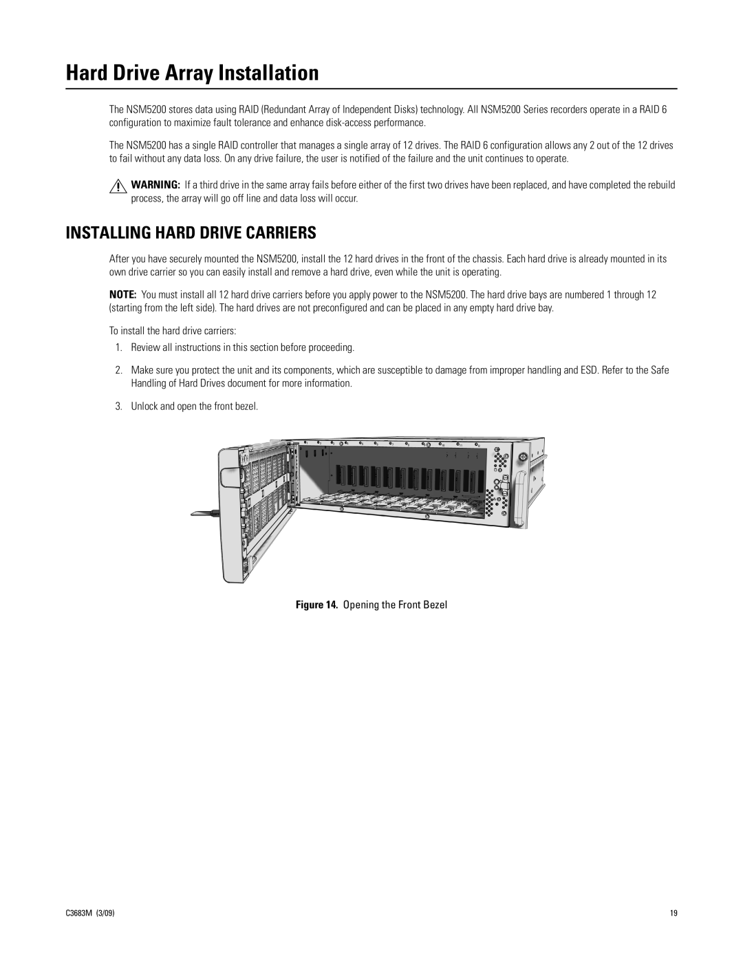 Pelco NSM5200 manual Hard Drive Array Installation, Installing Hard Drive Carriers 