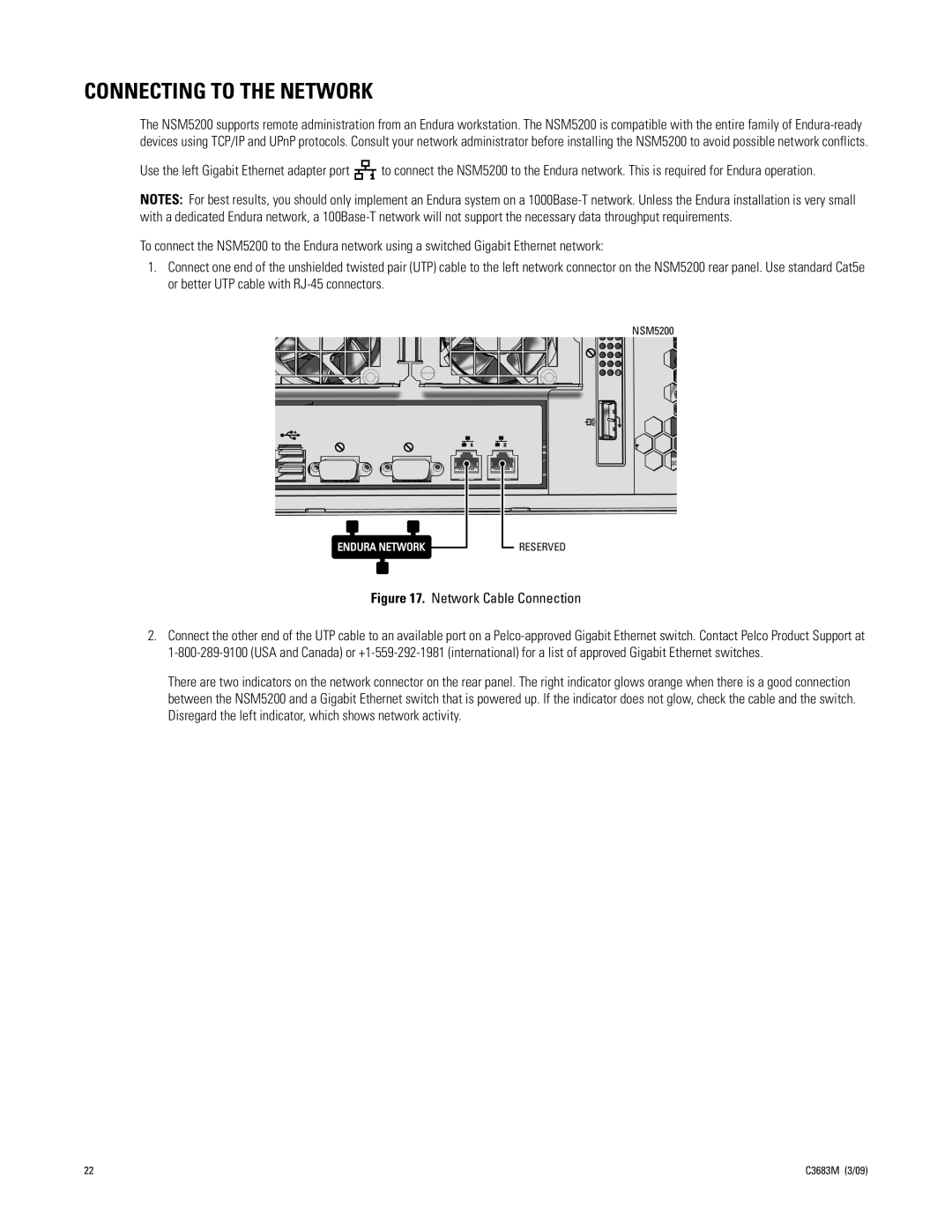 Pelco NSM5200 manual Connecting to the Network, Network Cable Connection 