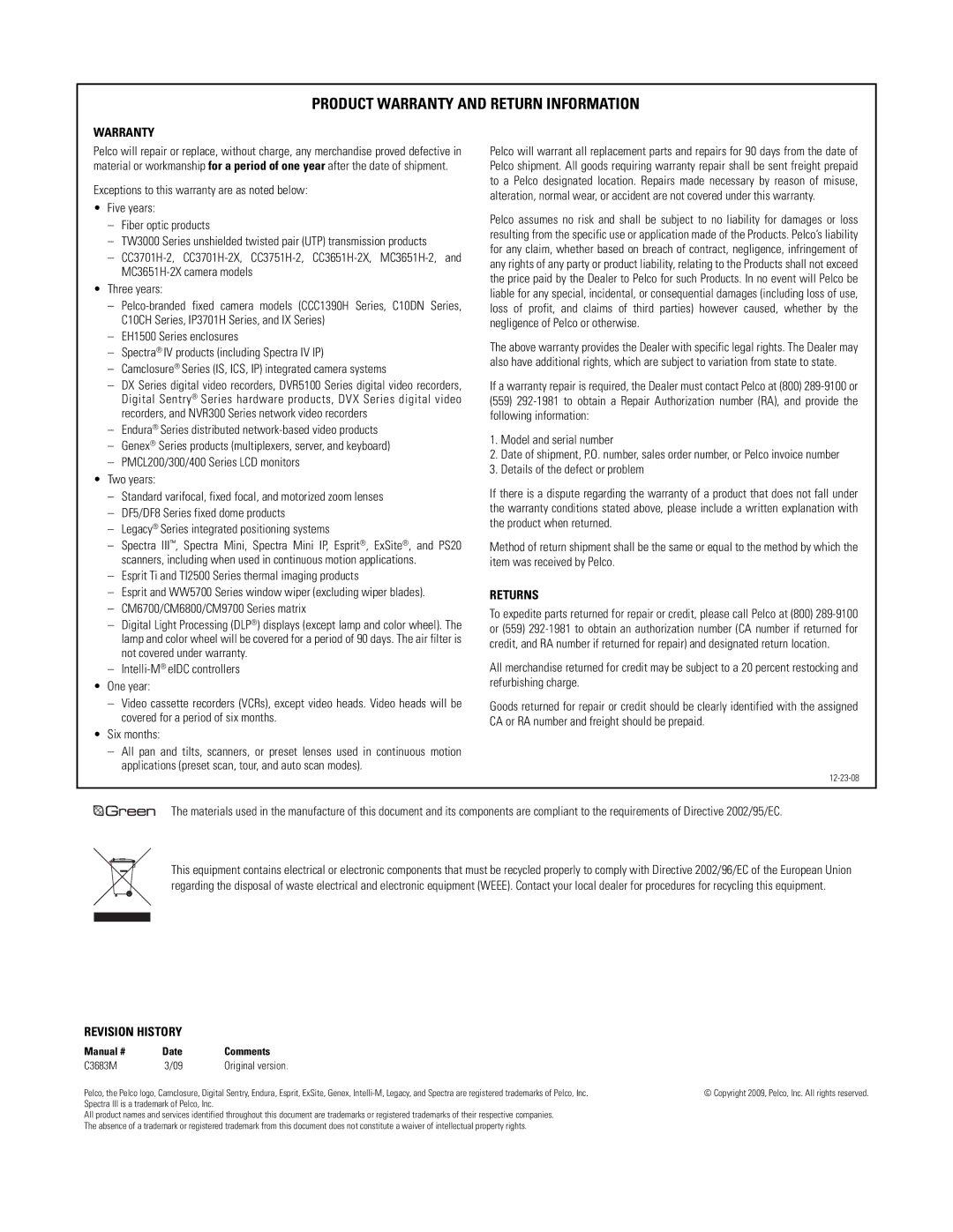 Pelco NSM5200 manual Product Warranty and Return Information 