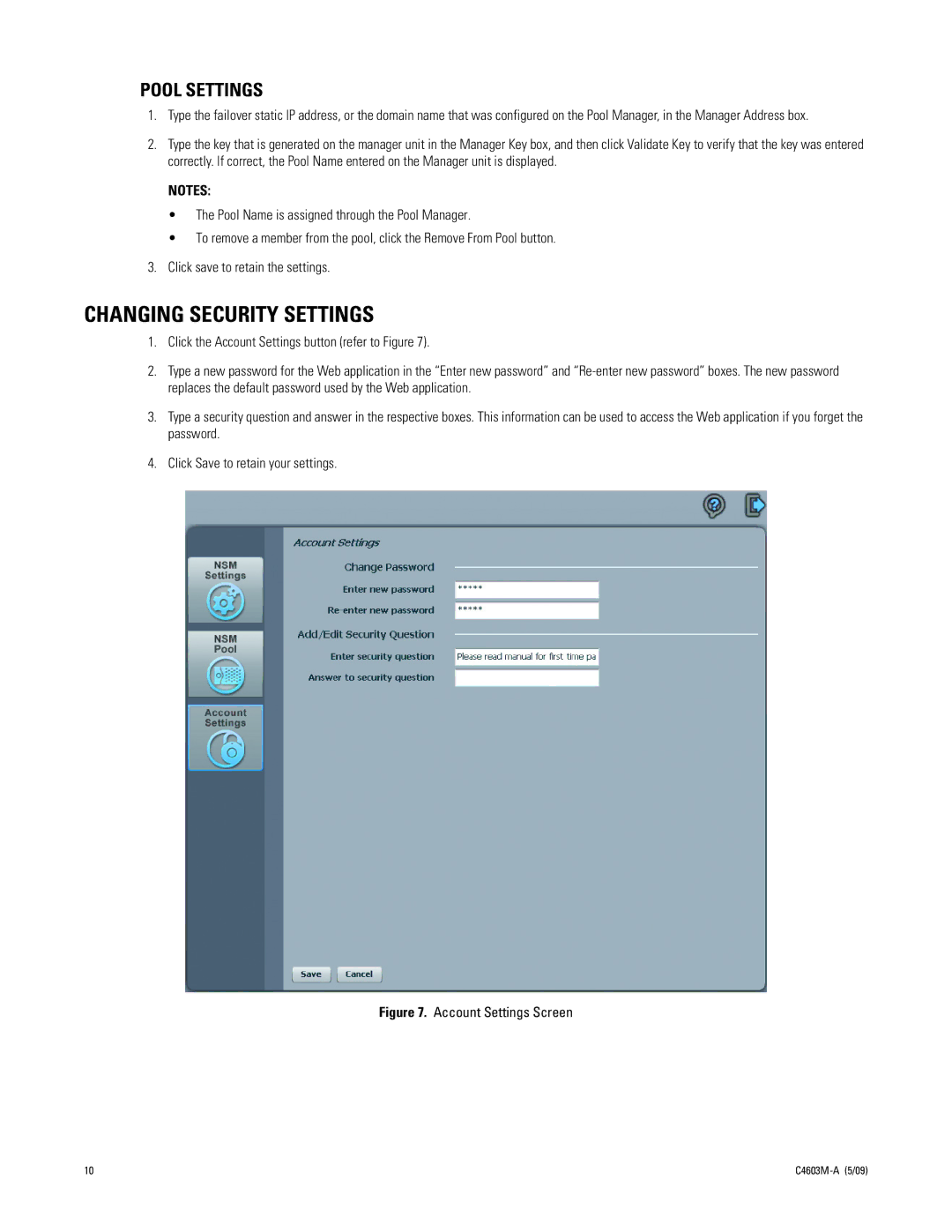 Pelco NSM5200 manual Changing Security Settings, Account Settings Screen 