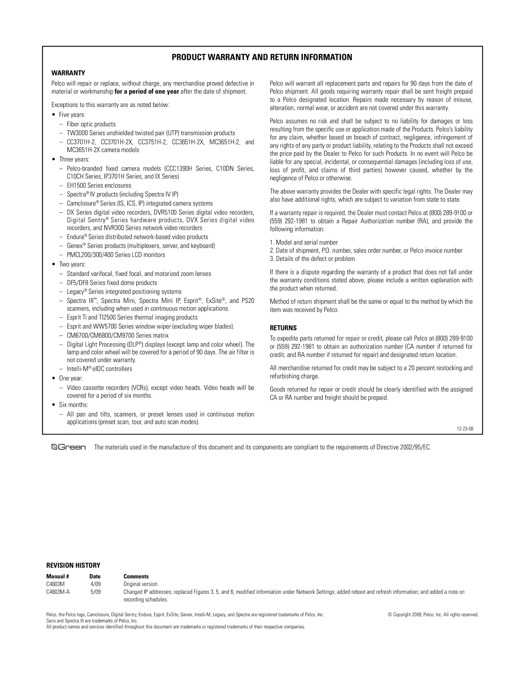 Pelco NSM5200 manual Product Warranty and Return Information 